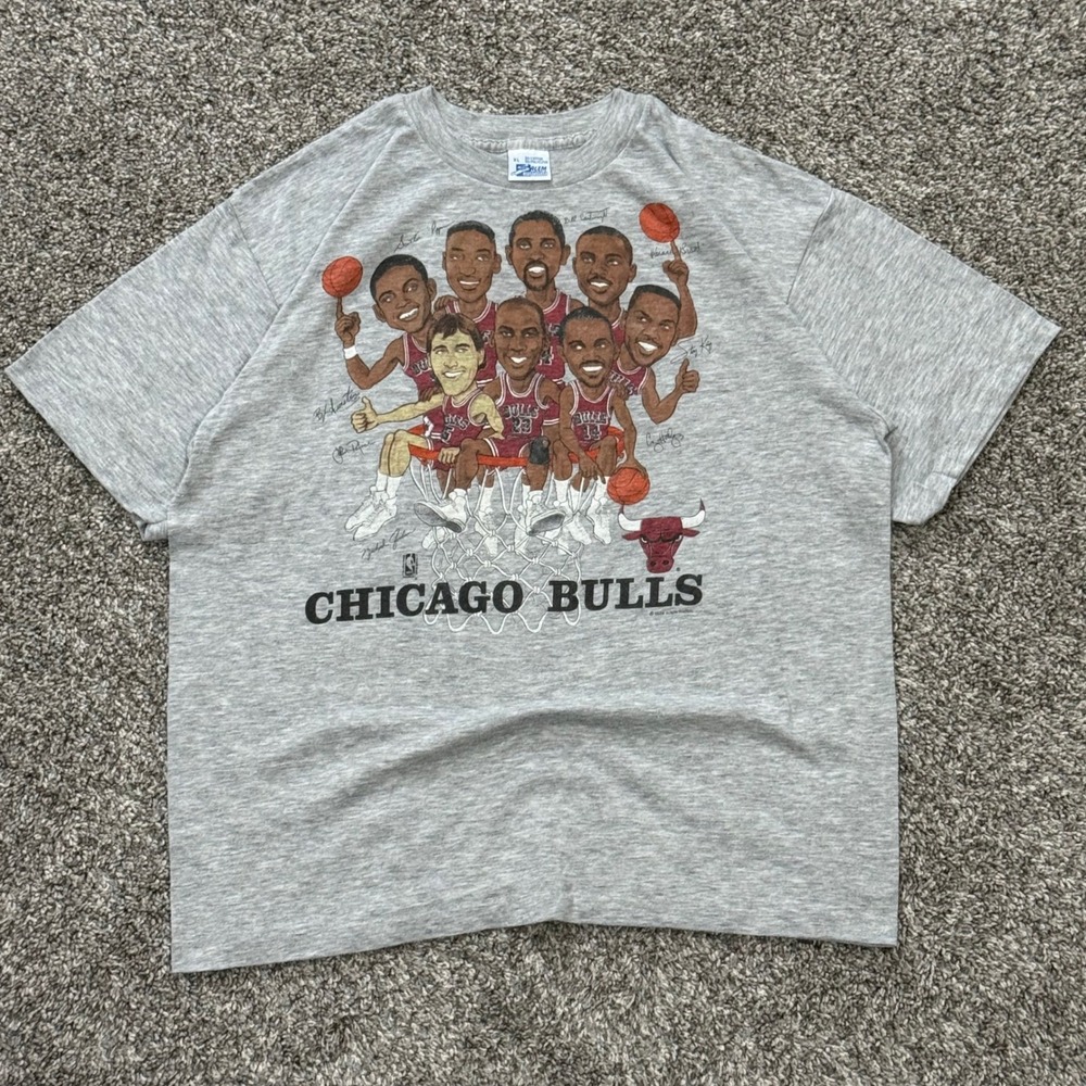 Vintage Chicago Bulls Salem Sportswear Caricature T-Shirt Mens XL Grey 80s NBA